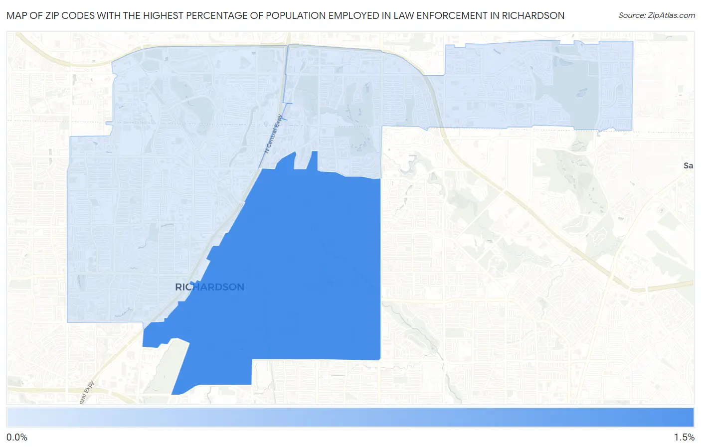 Zip Codes with the Highest Percentage of Population Employed in Law Enforcement in Richardson Map