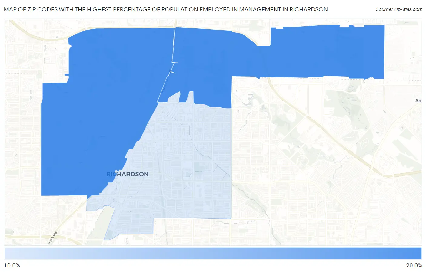 Zip Codes with the Highest Percentage of Population Employed in Management in Richardson Map