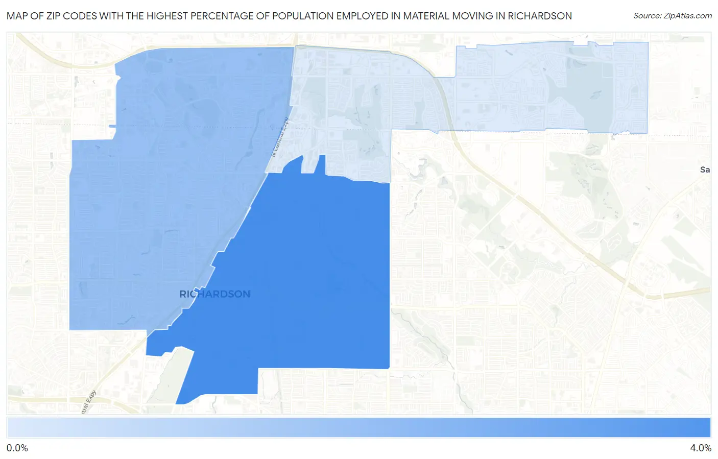 Zip Codes with the Highest Percentage of Population Employed in Material Moving in Richardson Map