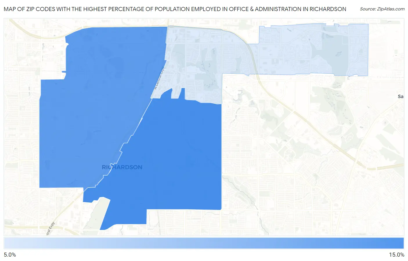 Zip Codes with the Highest Percentage of Population Employed in Office & Administration in Richardson Map