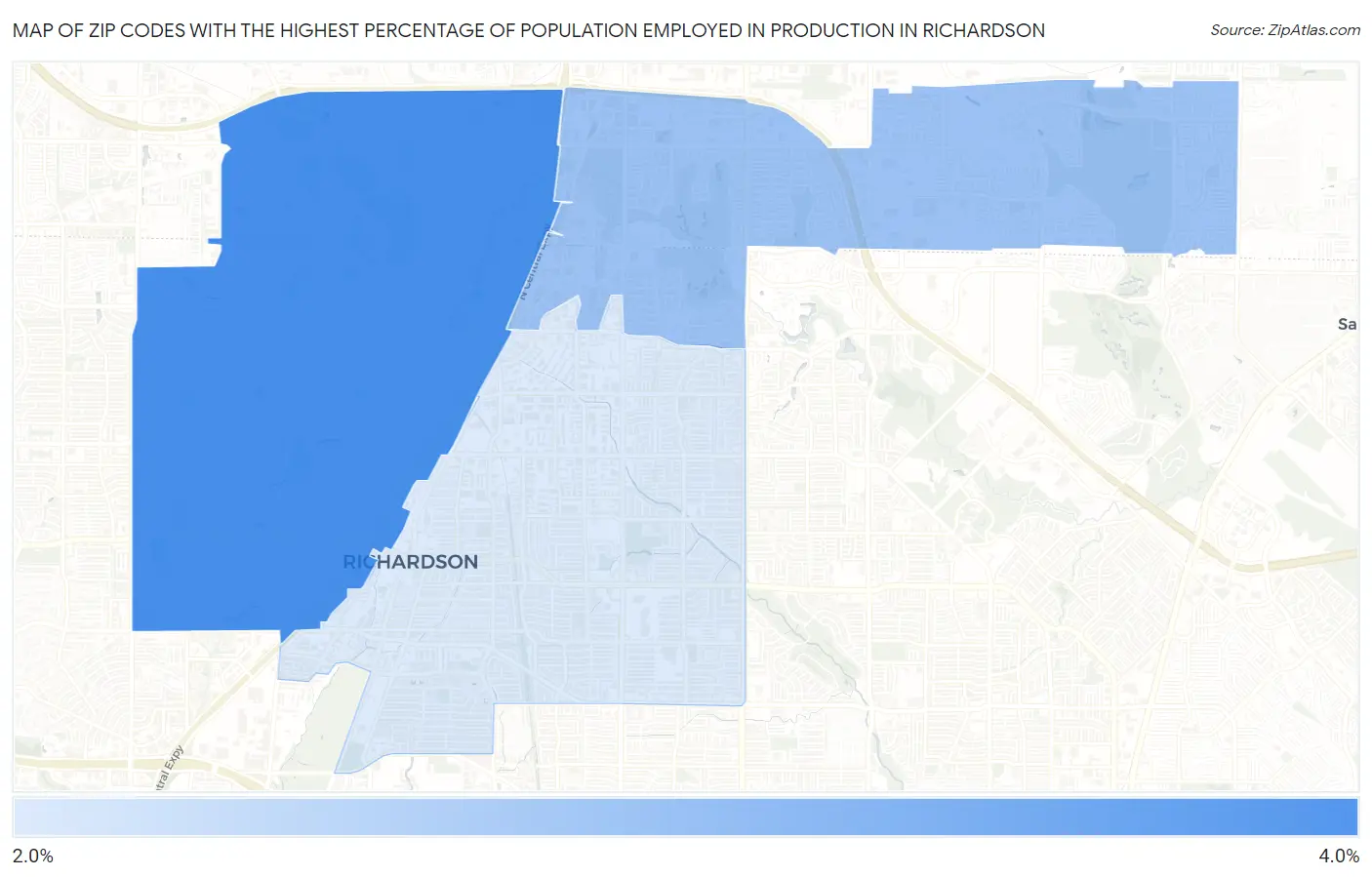 Zip Codes with the Highest Percentage of Population Employed in Production in Richardson Map