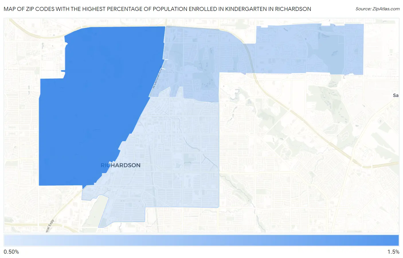 Zip Codes with the Highest Percentage of Population Enrolled in Kindergarten in Richardson Map