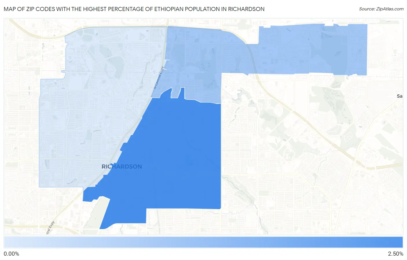 Zip Codes with the Highest Percentage of Ethiopian Population in Richardson Map
