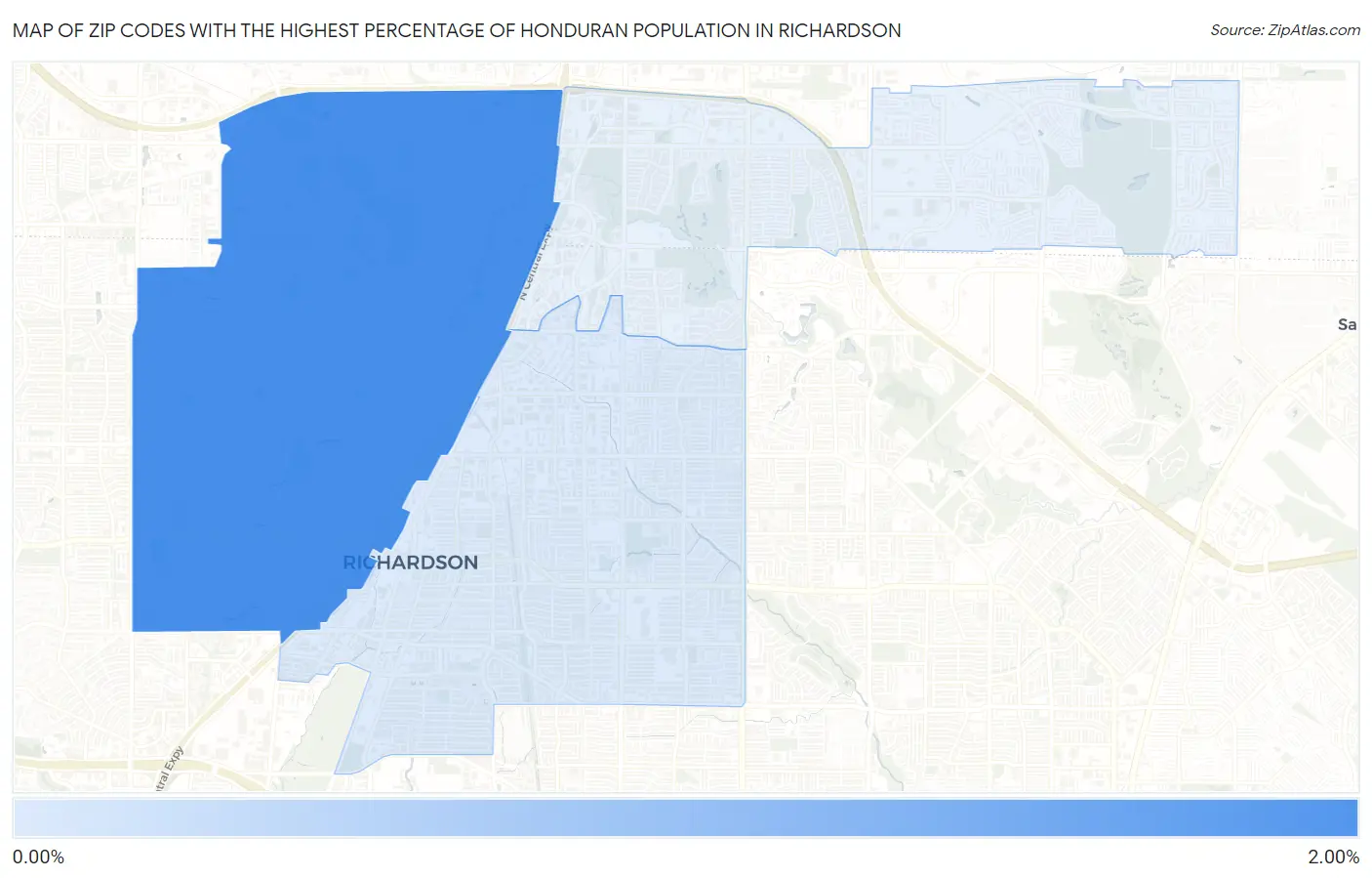 Zip Codes with the Highest Percentage of Honduran Population in Richardson Map