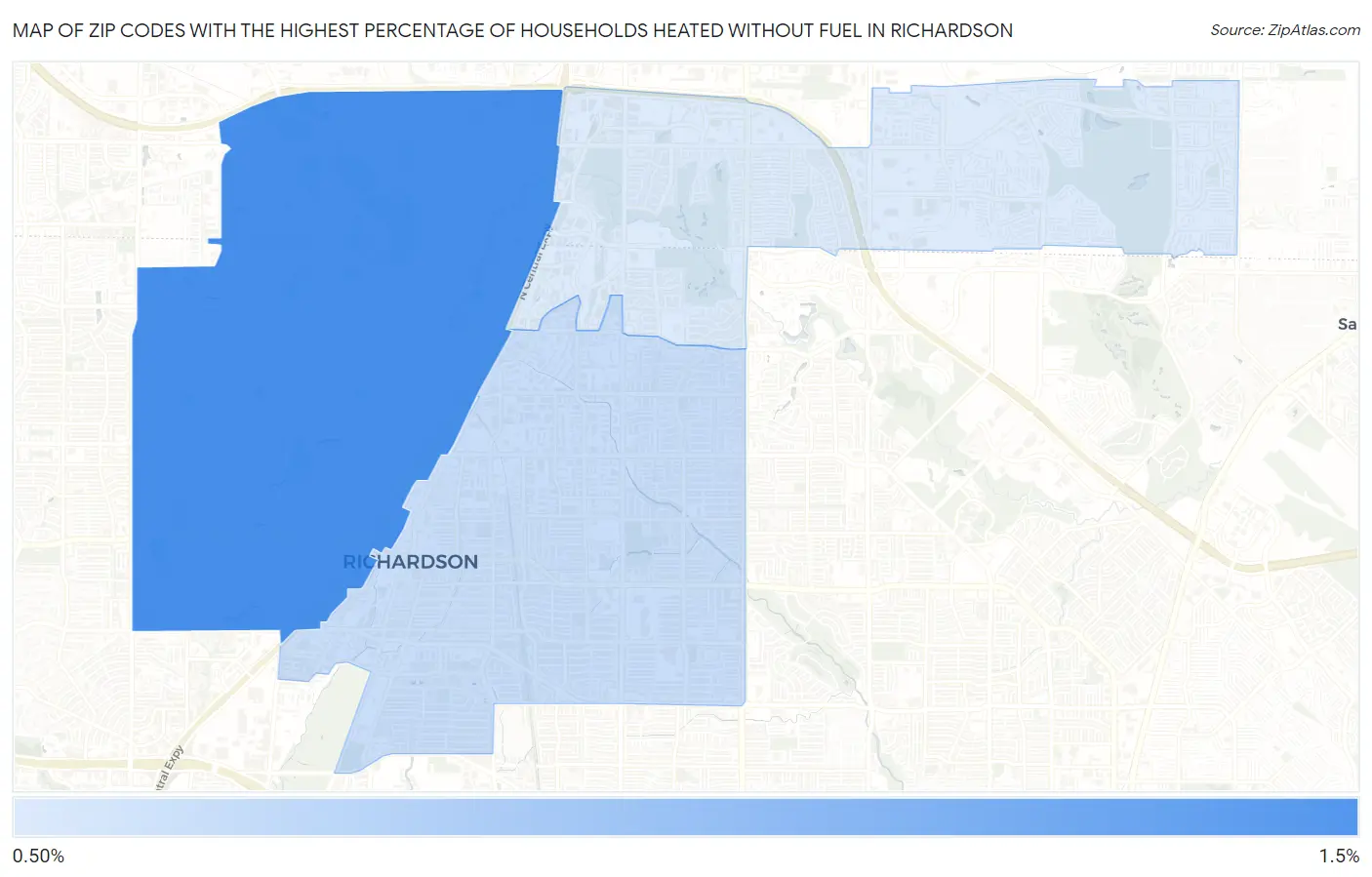 Zip Codes with the Highest Percentage of Households Heated without Fuel in Richardson Map