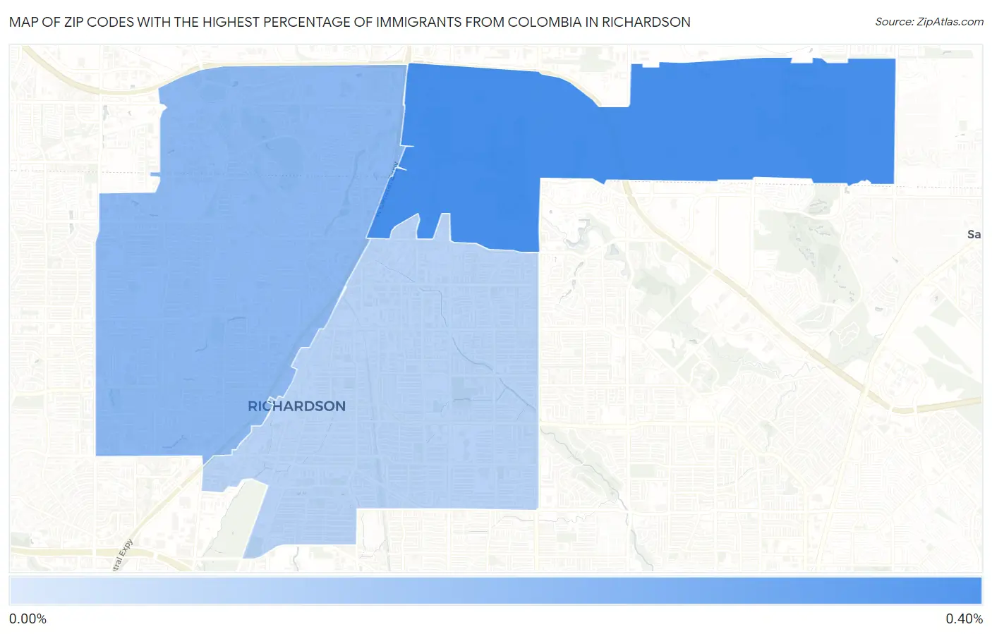 Zip Codes with the Highest Percentage of Immigrants from Colombia in Richardson Map