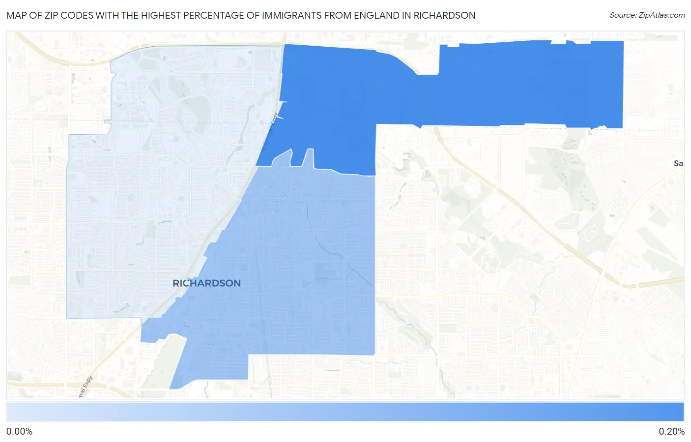 Zip Codes with the Highest Percentage of Immigrants from England in Richardson Map