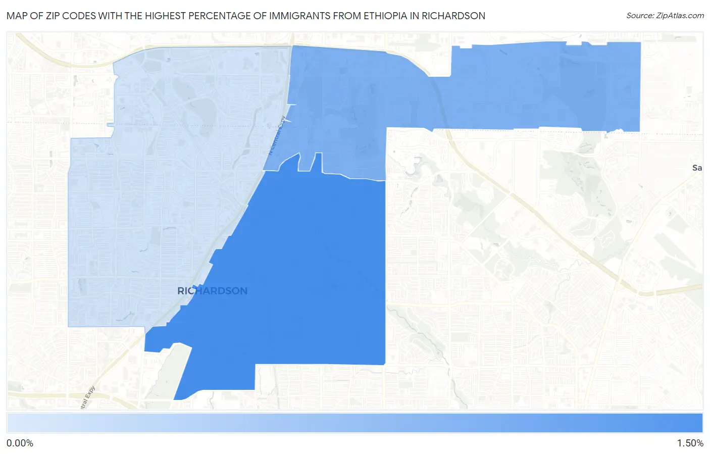 Zip Codes with the Highest Percentage of Immigrants from Ethiopia in Richardson Map