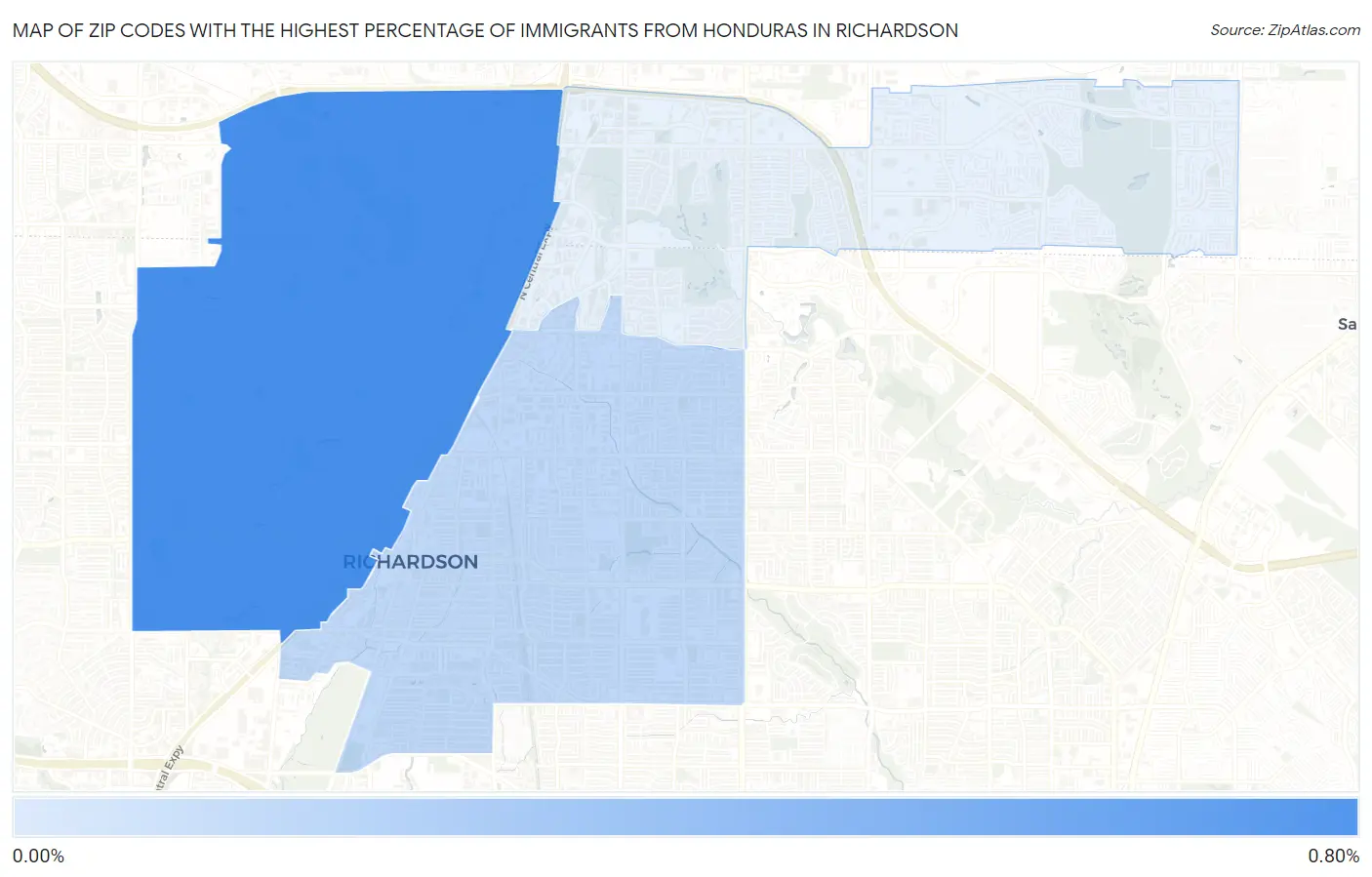 Zip Codes with the Highest Percentage of Immigrants from Honduras in Richardson Map
