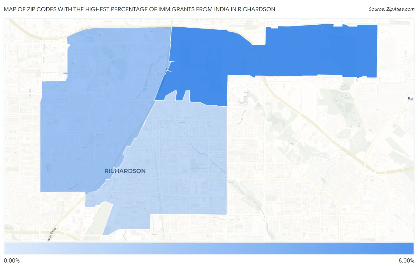 Zip Codes with the Highest Percentage of Immigrants from India in Richardson Map