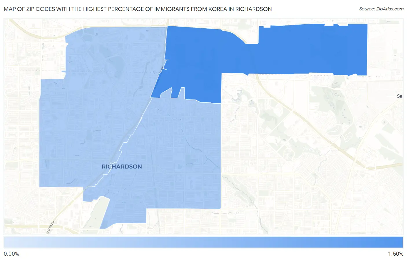 Zip Codes with the Highest Percentage of Immigrants from Korea in Richardson Map