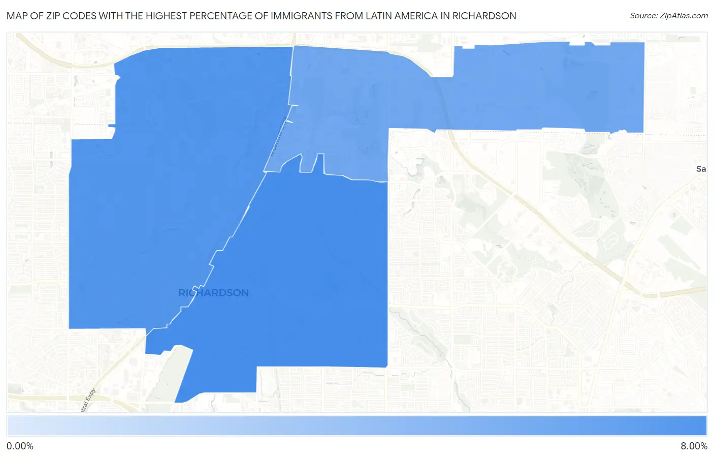 Zip Codes with the Highest Percentage of Immigrants from Latin America in Richardson Map