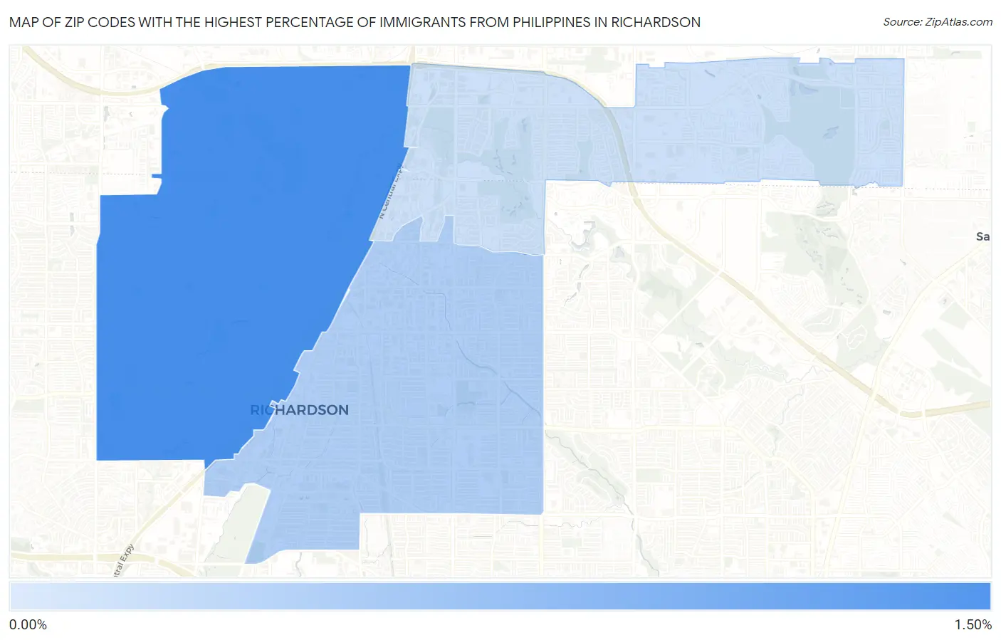 Zip Codes with the Highest Percentage of Immigrants from Philippines in Richardson Map