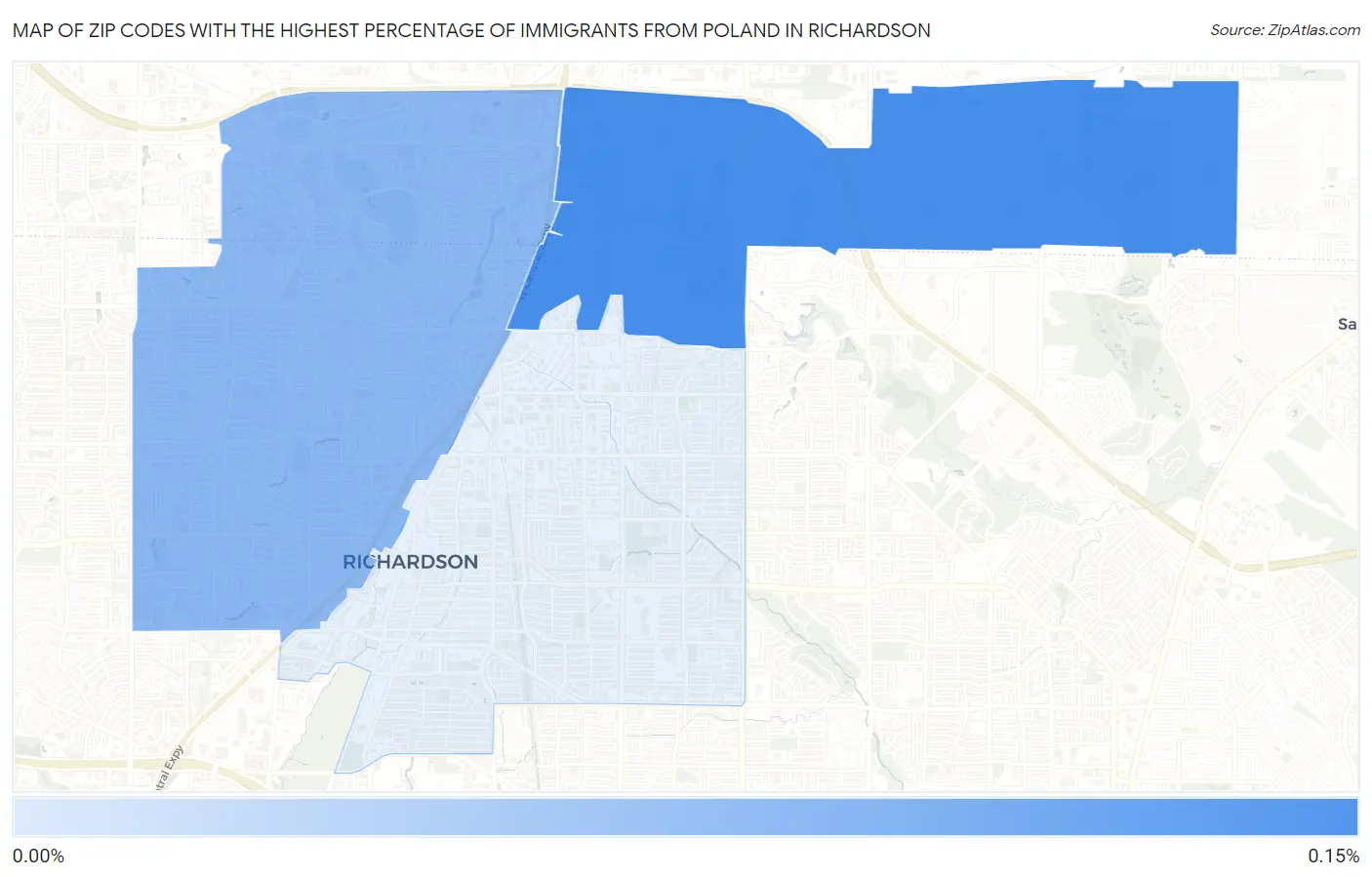 Zip Codes with the Highest Percentage of Immigrants from Poland in Richardson Map