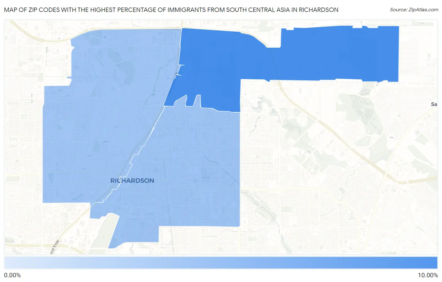 Zip Codes with the Highest Percentage of Immigrants from South Central Asia in Richardson Map