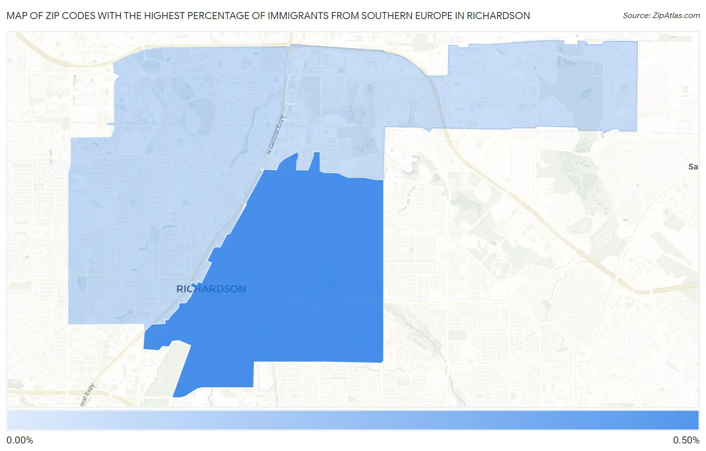 Zip Codes with the Highest Percentage of Immigrants from Southern Europe in Richardson Map