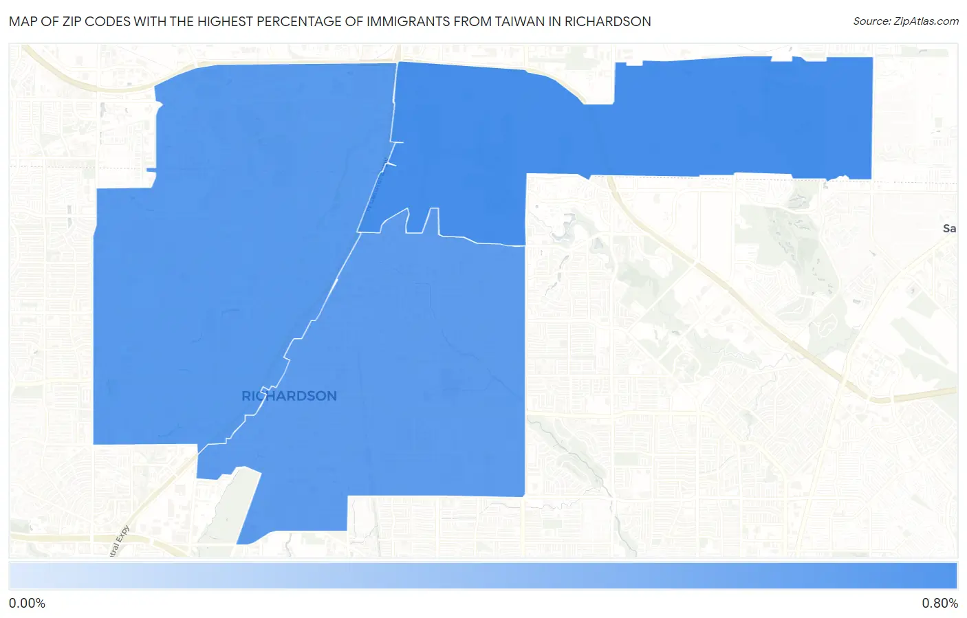 Zip Codes with the Highest Percentage of Immigrants from Taiwan in Richardson Map