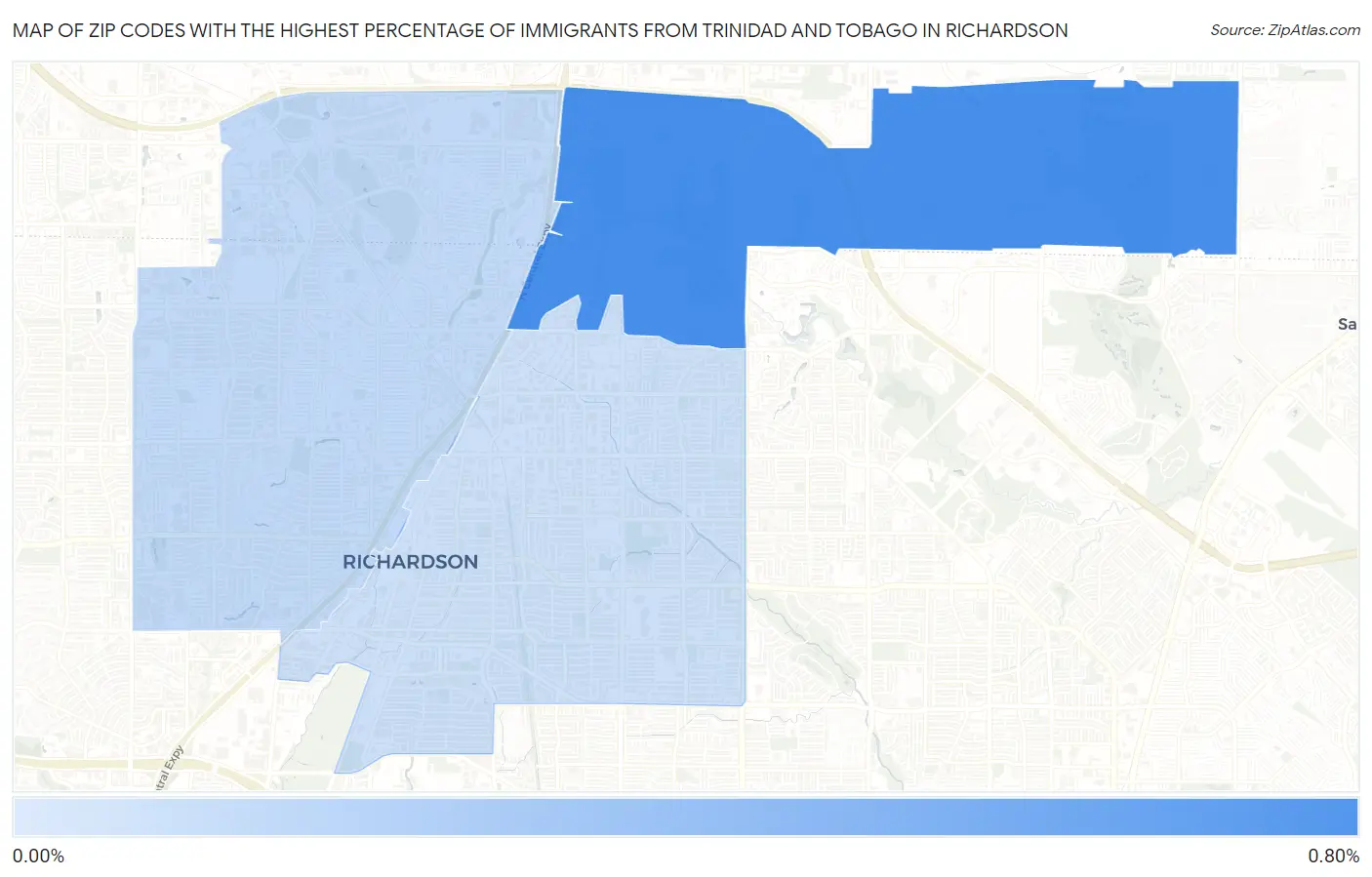 Zip Codes with the Highest Percentage of Immigrants from Trinidad and Tobago in Richardson Map