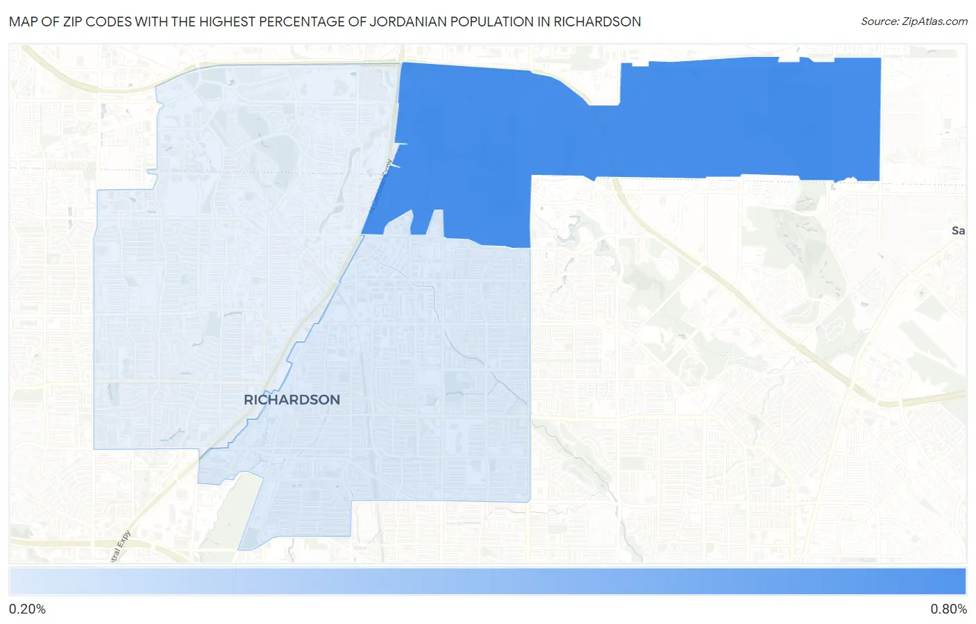 Zip Codes with the Highest Percentage of Jordanian Population in Richardson Map