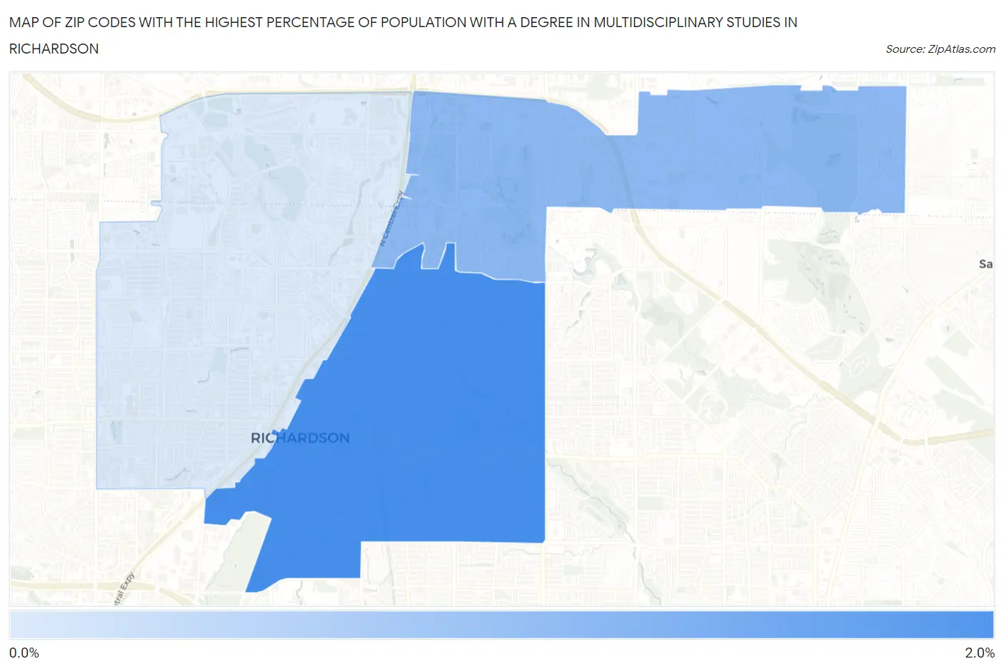 Zip Codes with the Highest Percentage of Population with a Degree in Multidisciplinary Studies in Richardson Map