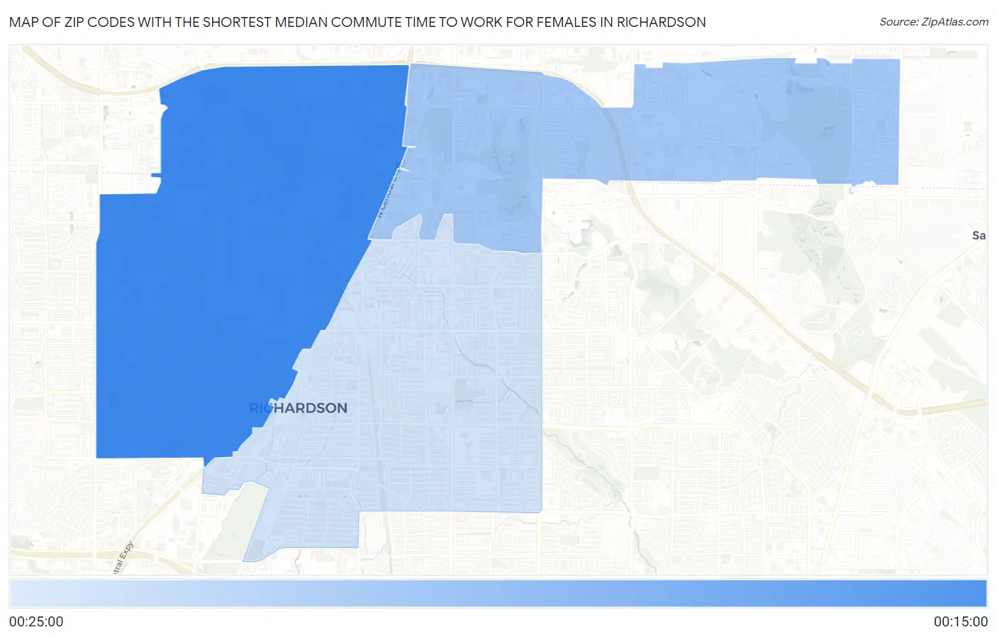 Zip Codes with the Shortest Median Commute Time to Work for Females in Richardson Map
