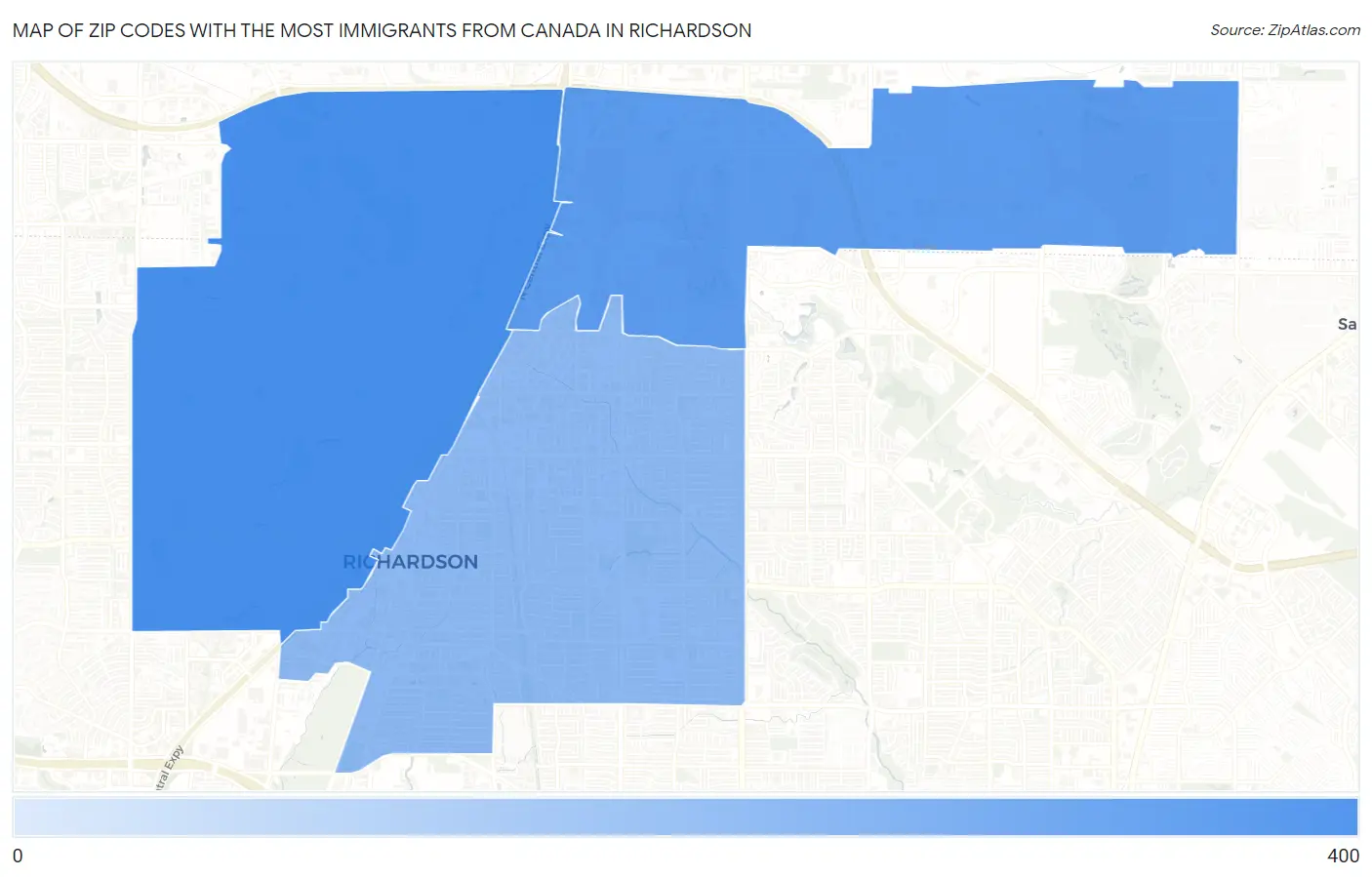Zip Codes with the Most Immigrants from Canada in Richardson Map