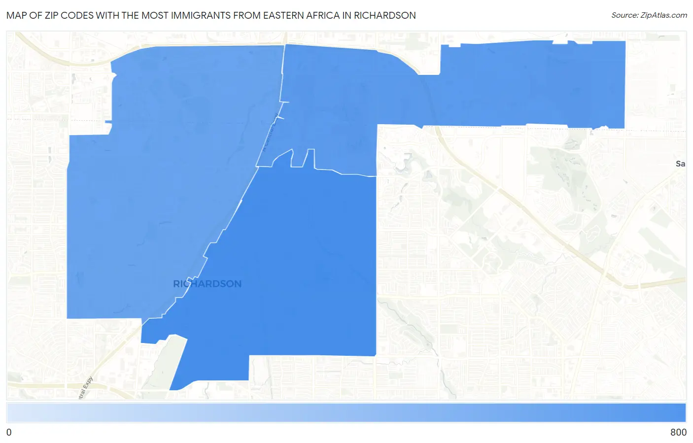 Zip Codes with the Most Immigrants from Eastern Africa in Richardson Map