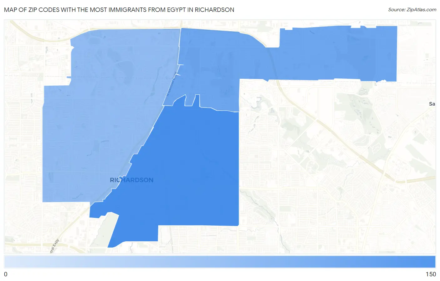 Zip Codes with the Most Immigrants from Egypt in Richardson Map