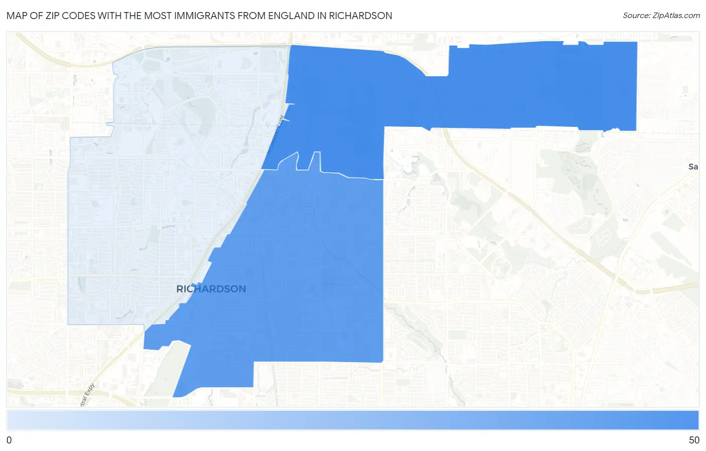 Zip Codes with the Most Immigrants from England in Richardson Map