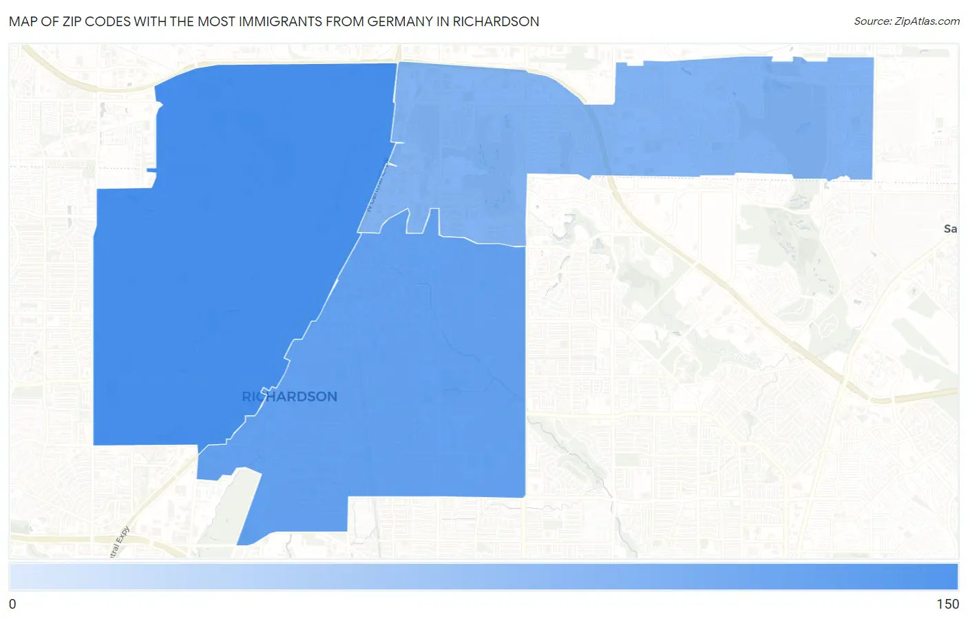 Zip Codes with the Most Immigrants from Germany in Richardson Map