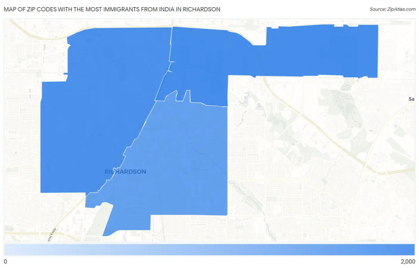 Zip Codes with the Most Immigrants from India in Richardson Map