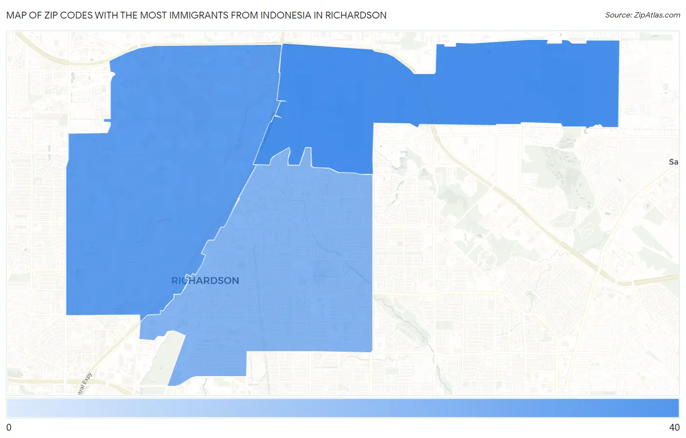 Zip Codes with the Most Immigrants from Indonesia in Richardson Map
