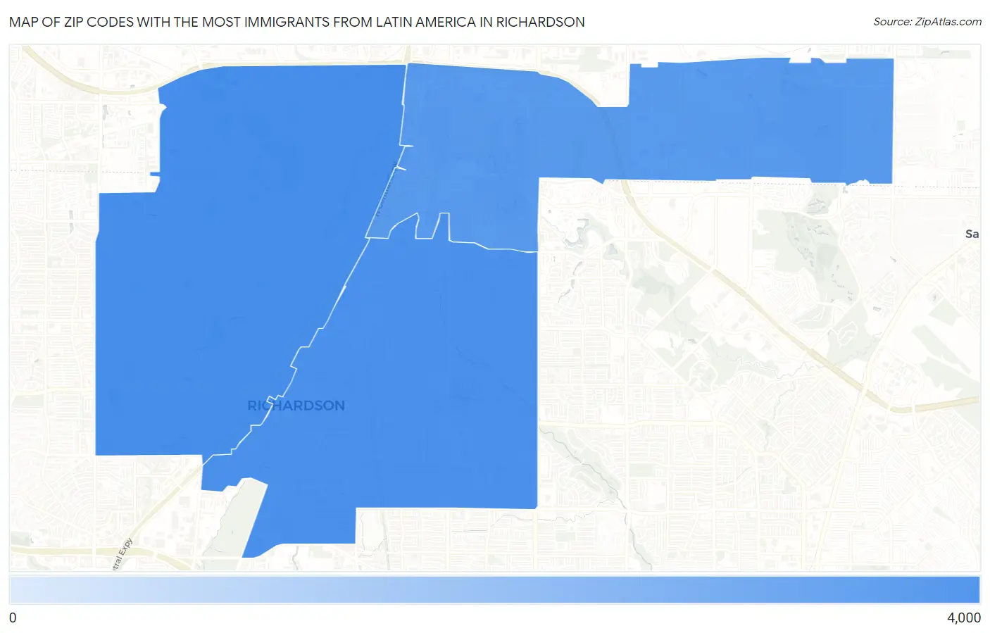 Zip Codes with the Most Immigrants from Latin America in Richardson Map