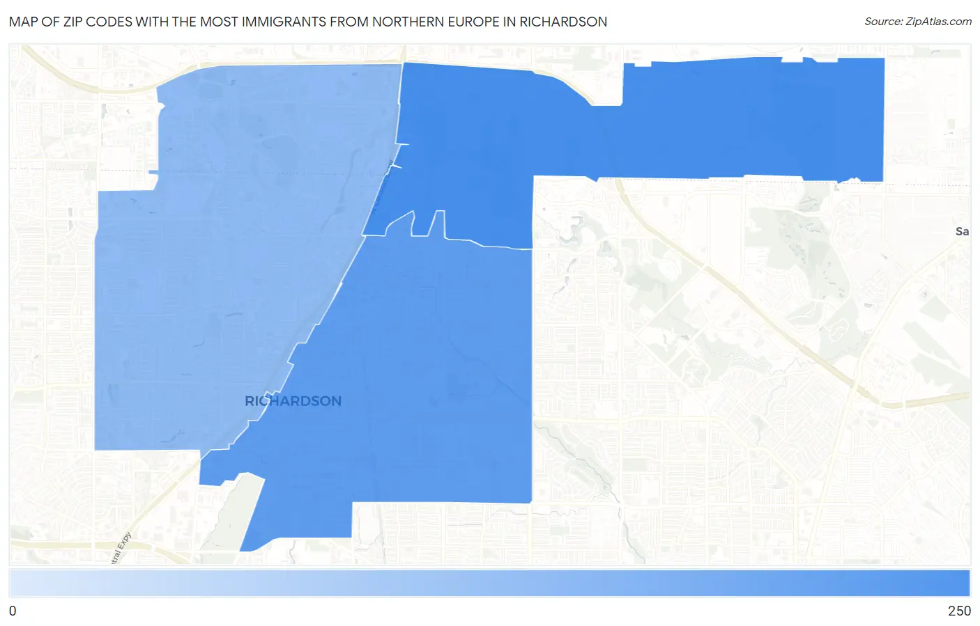 Zip Codes with the Most Immigrants from Northern Europe in Richardson Map