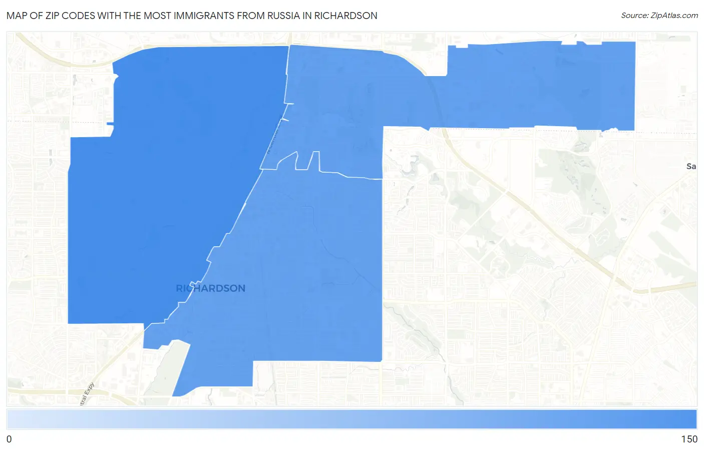 Zip Codes with the Most Immigrants from Russia in Richardson Map