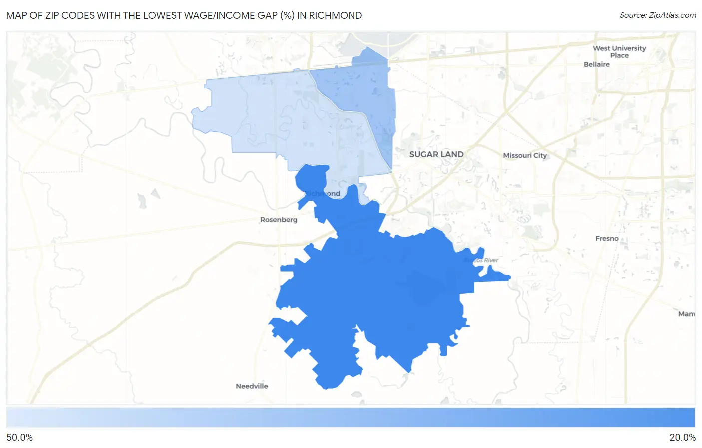 Zip Codes with the Lowest Wage/Income Gap (%) in Richmond Map