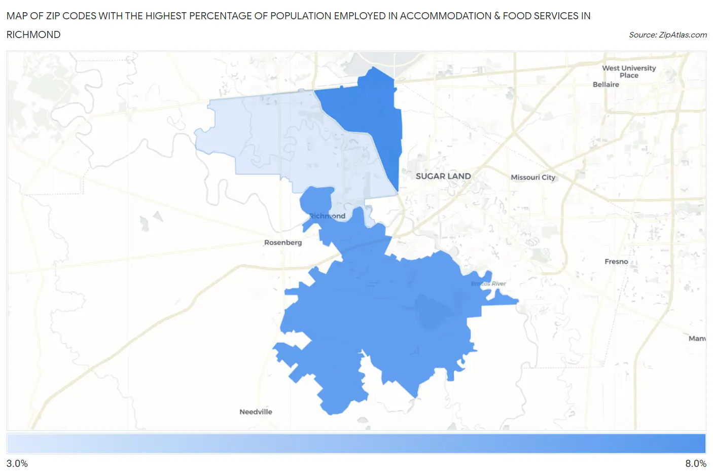 Zip Codes with the Highest Percentage of Population Employed in Accommodation & Food Services in Richmond Map