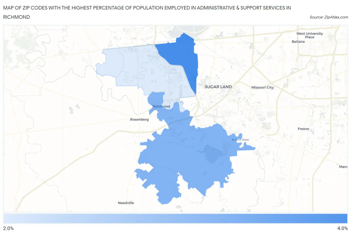 Zip Codes with the Highest Percentage of Population Employed in Administrative & Support Services in Richmond Map