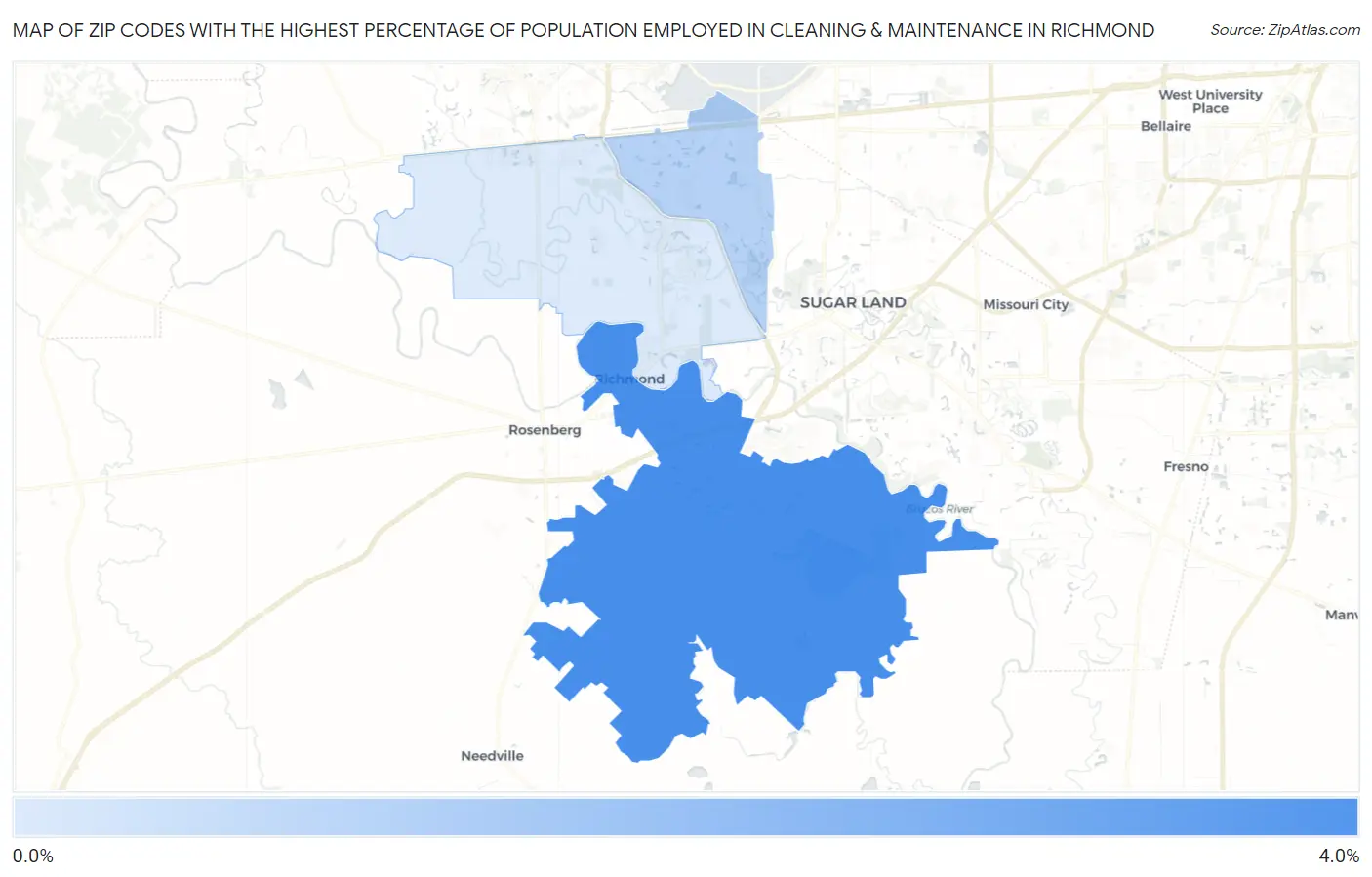 Zip Codes with the Highest Percentage of Population Employed in Cleaning & Maintenance in Richmond Map