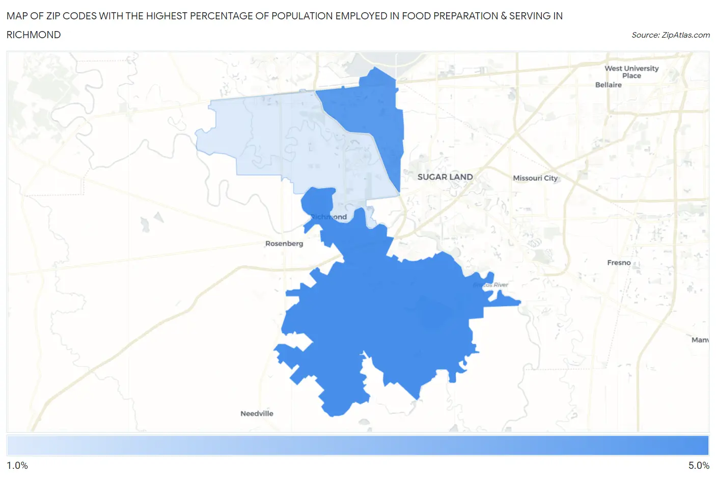 Zip Codes with the Highest Percentage of Population Employed in Food Preparation & Serving in Richmond Map