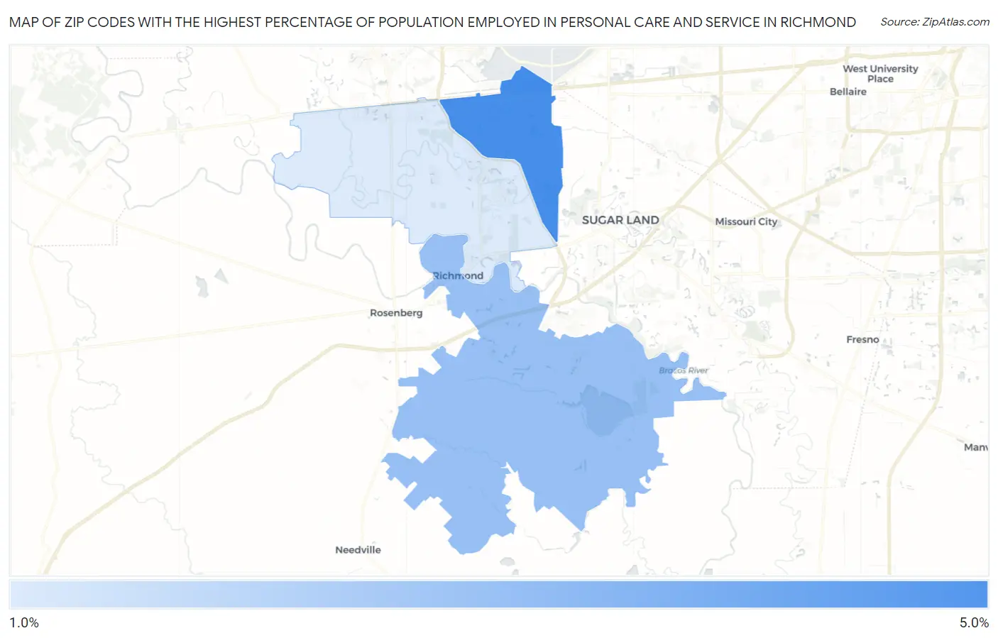 Zip Codes with the Highest Percentage of Population Employed in Personal Care and Service in Richmond Map