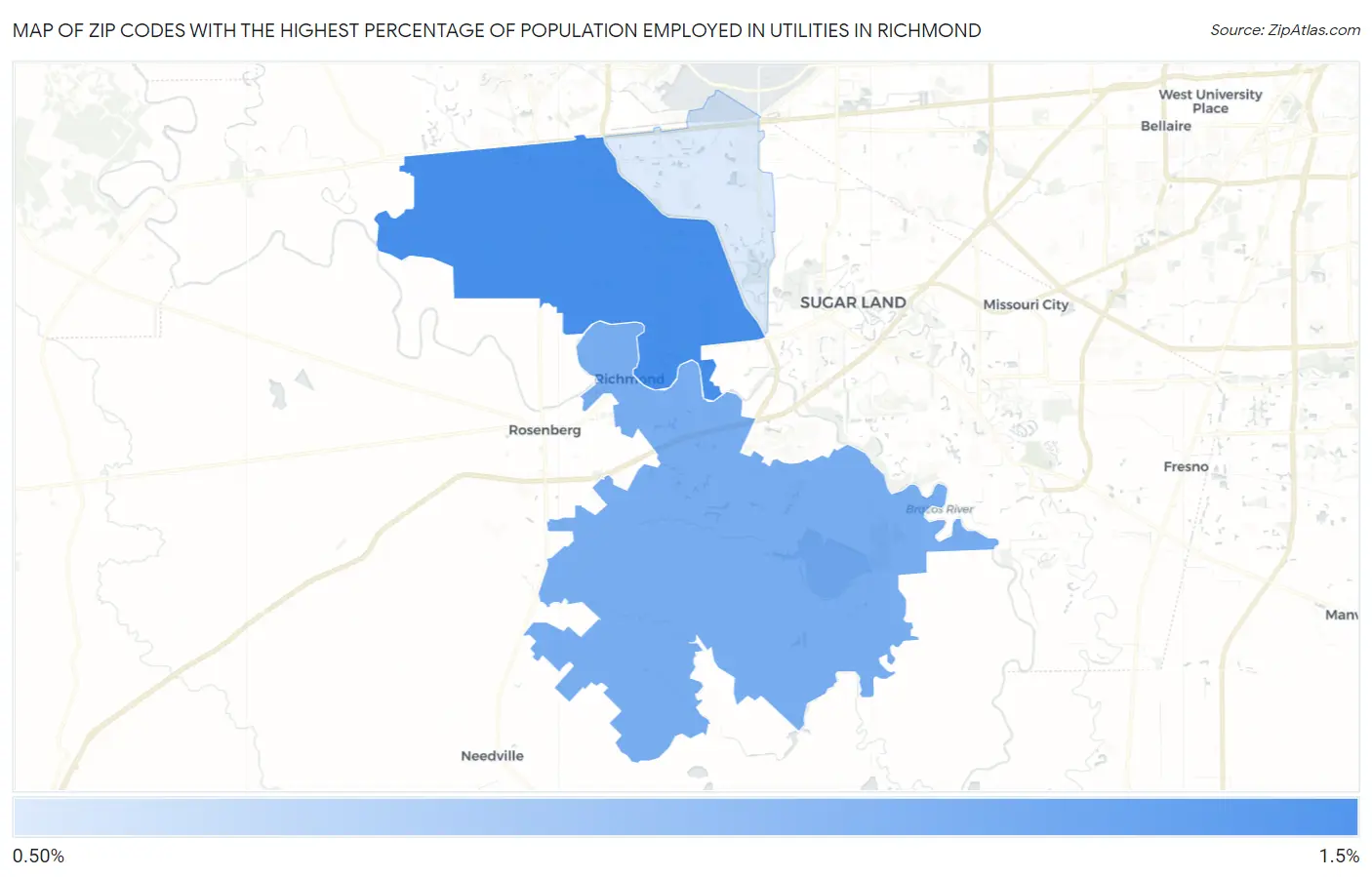 Zip Codes with the Highest Percentage of Population Employed in Utilities in Richmond Map