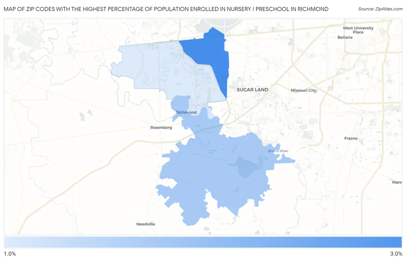 Zip Codes with the Highest Percentage of Population Enrolled in Nursery / Preschool in Richmond Map