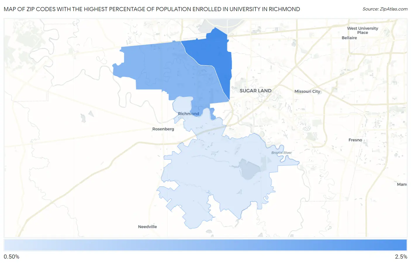 Zip Codes with the Highest Percentage of Population Enrolled in University in Richmond Map