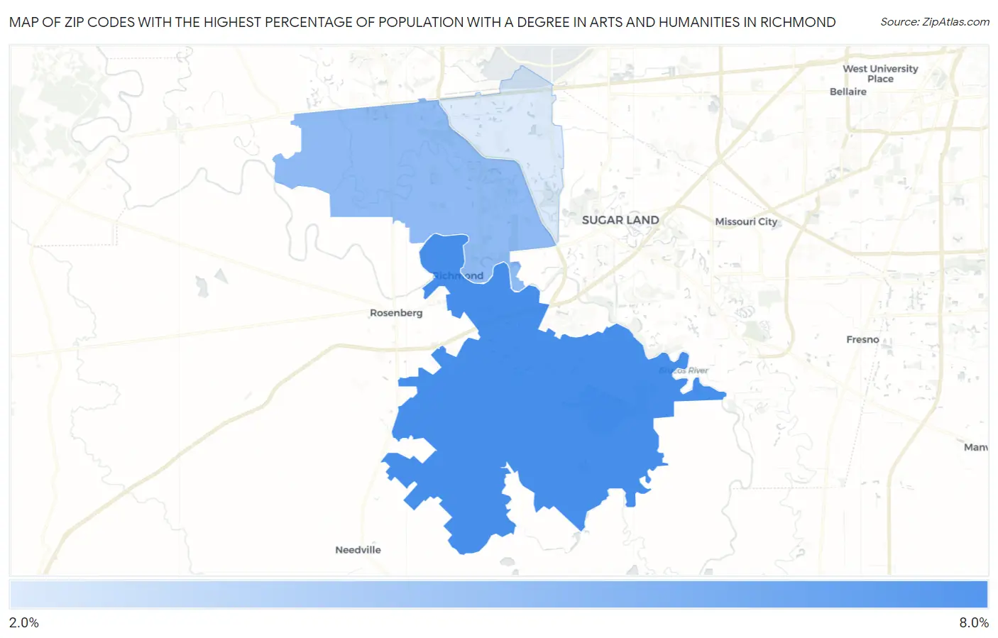 Zip Codes with the Highest Percentage of Population with a Degree in Arts and Humanities in Richmond Map