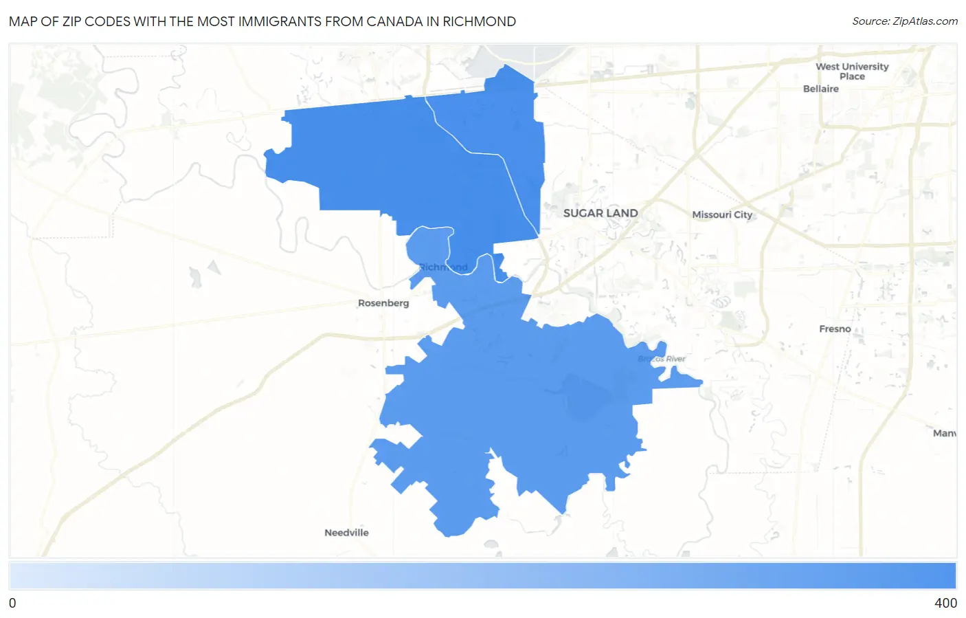 Zip Codes with the Most Immigrants from Canada in Richmond Map