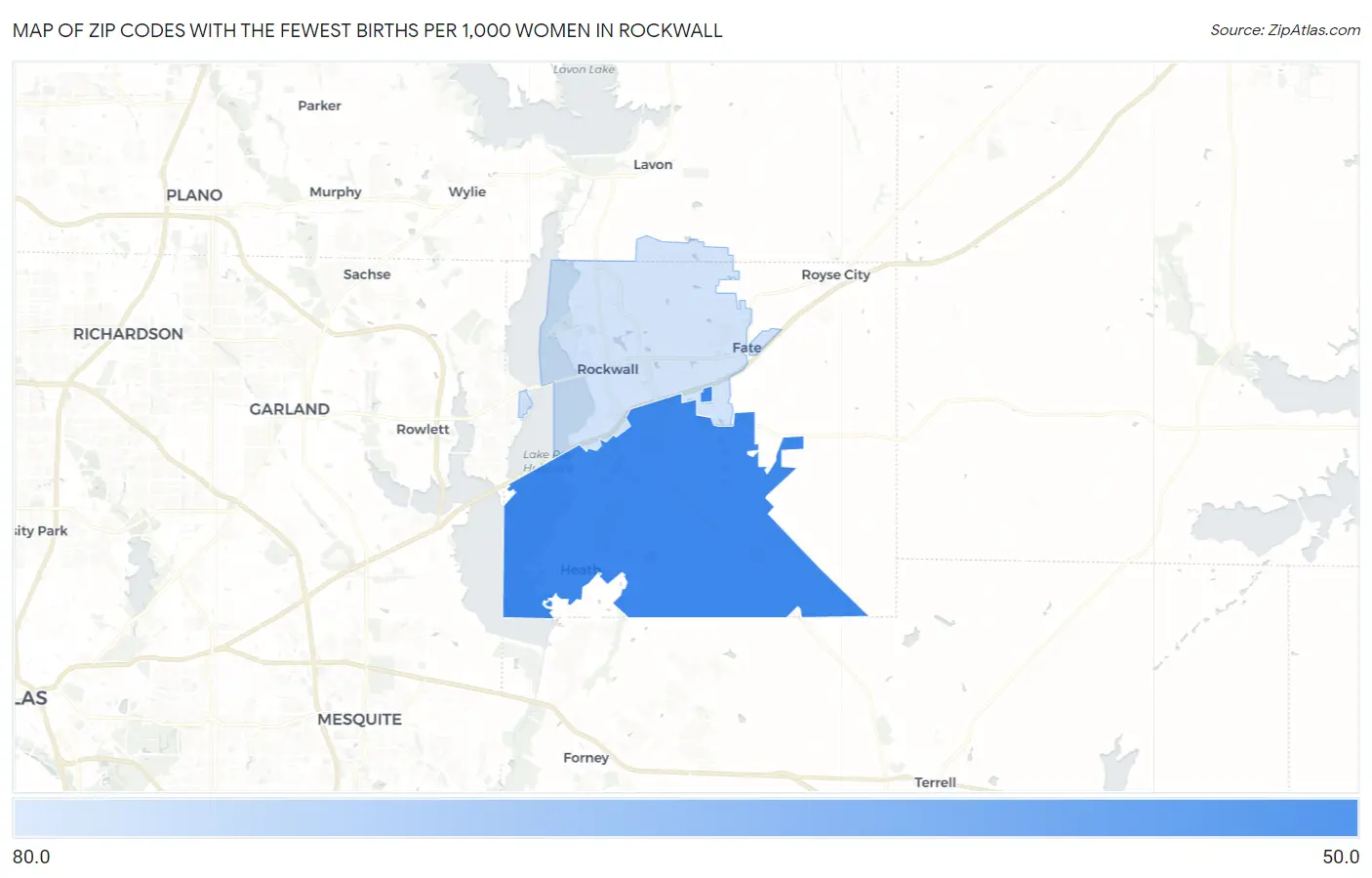 Zip Codes with the Fewest Births per 1,000 Women in Rockwall Map