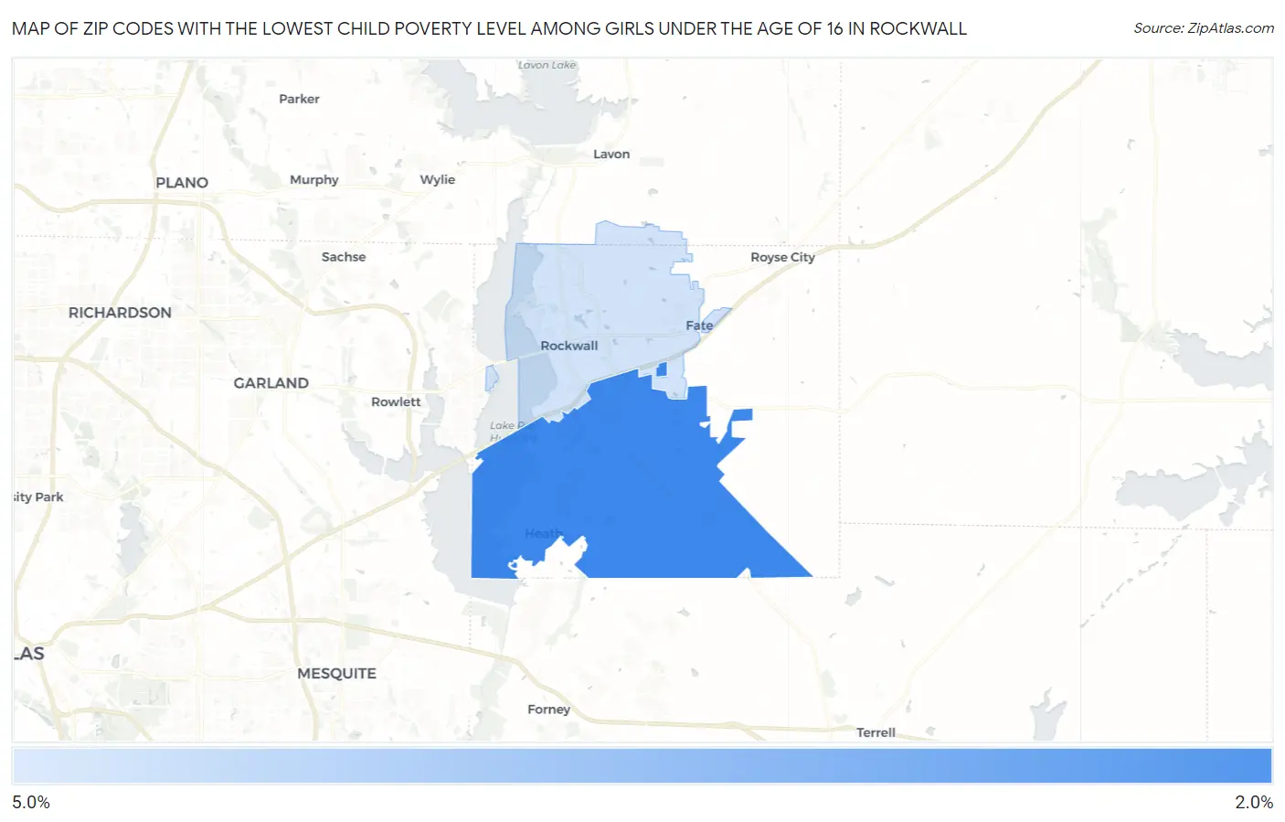 Zip Codes with the Lowest Child Poverty Level Among Girls Under the Age of 16 in Rockwall Map