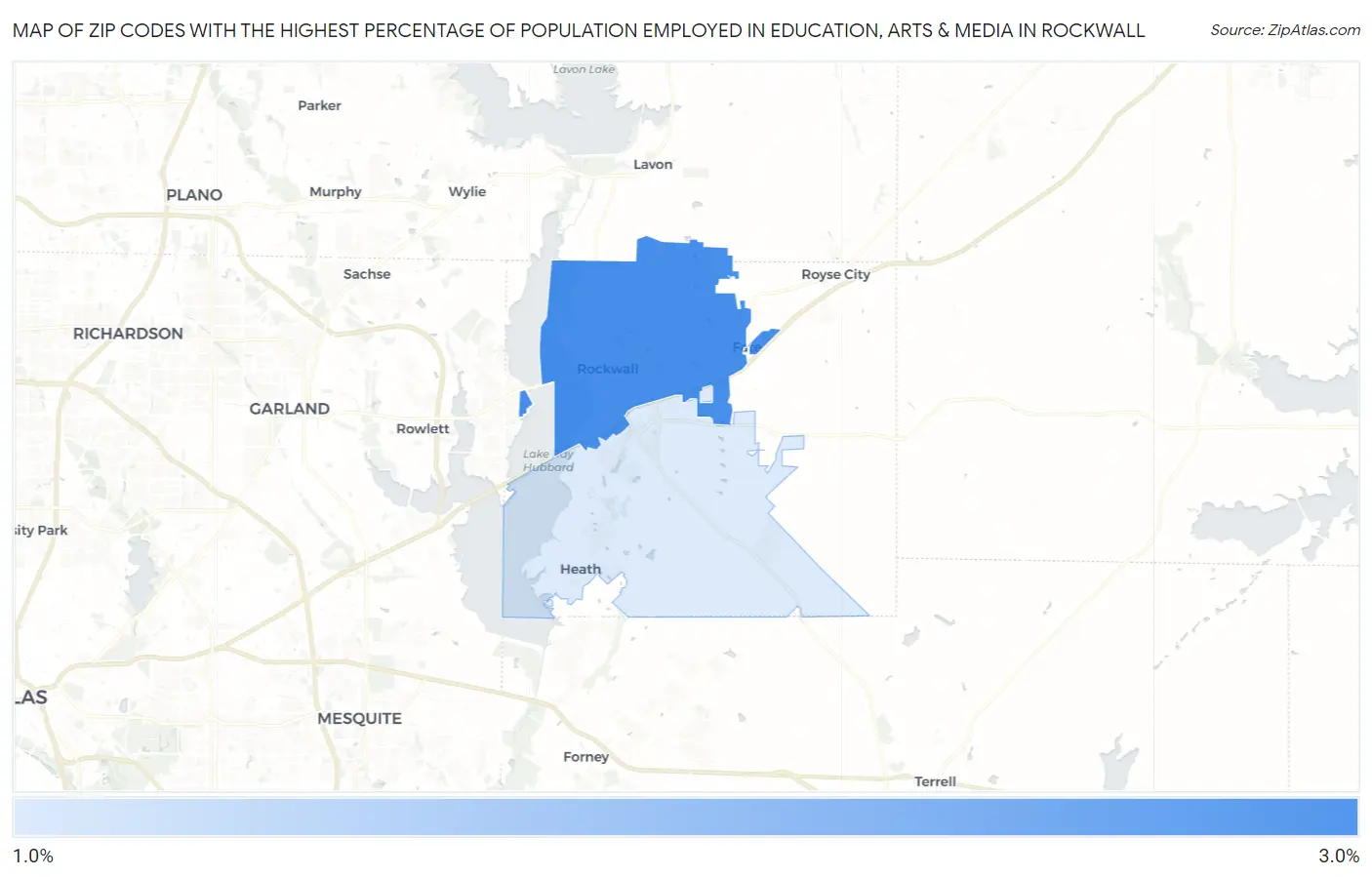 Zip Codes with the Highest Percentage of Population Employed in Education, Arts & Media in Rockwall Map