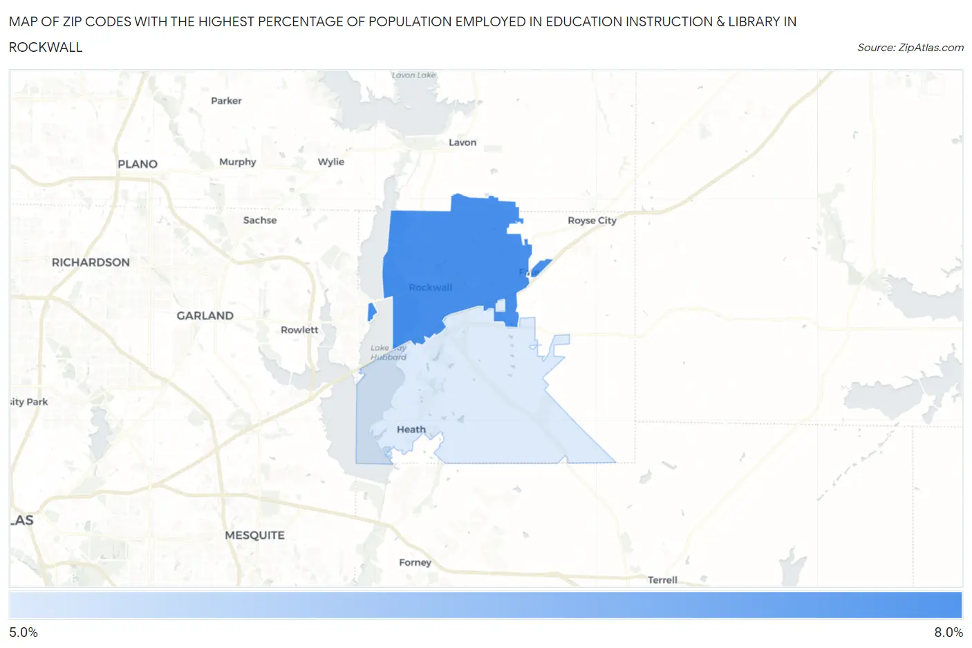 Zip Codes with the Highest Percentage of Population Employed in Education Instruction & Library in Rockwall Map